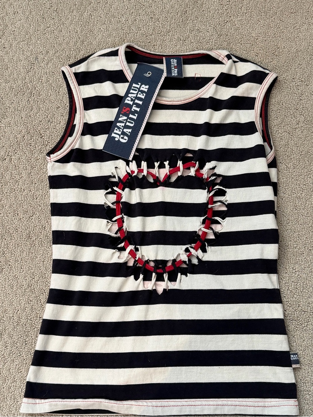 Jean Paul Gaultier Black & White Striped Tank with Red-Trim Heart Cutout